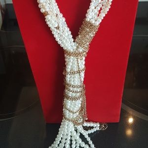 Pearl/Crystal and Chain Long Necklace w/Earrings